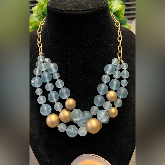 BEADED BLUE AND GOLD NECKLACE WITH CLIP ON EARRINGS SET-Gorgeous - Picture 5 of 9